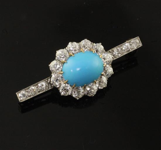 A gold and platinum, oval turquoise and diamond set bar brooch, 38mm.